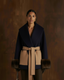 Belted Fur Cuff Coat – Navy/Camel