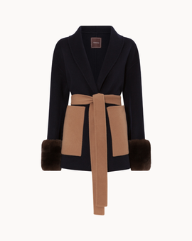 Belted Fur Cuff Coat – Navy/Camel