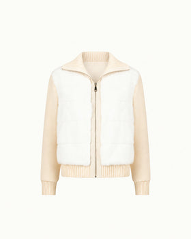 Mink Puffer Knit Jacket in ivory, front view showing the mink panel